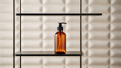 Amber glass dispenser bottle with black pump on a modern shelf