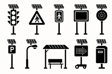 Solar-Powered Traffic Light and Public Infrastructure Icons, Vector Silhouettes