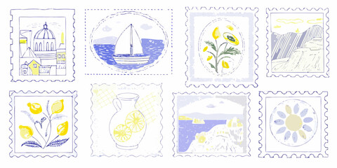Collection of vintage style stamps featuring mediterranean scenes and fruits