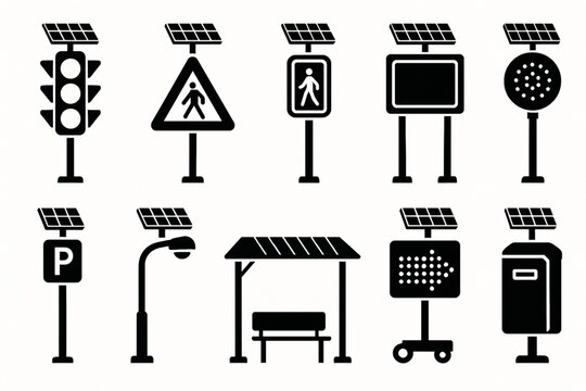 Solar-Powered Traffic Light and Public Infrastructure Icons, Vector Silhouettes