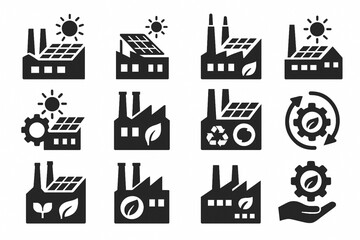 Solar-Powered Factory Rooftop and Green Manufacturing Icons, Vector Silhouettes