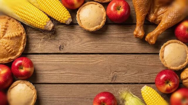 Cozy Thanksgiving flat lay border of pies, turkey legs, apples, and corn with warm center copyspace