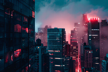 A view from a building window of a modern, futuristic night city full of skyscrapers.