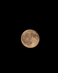 Close-up image of the full moon. The detailed surface and warm color create a dramatic and mystical atmosphere. Ideal for astronomy, nature, nightscape, or space-related projects.