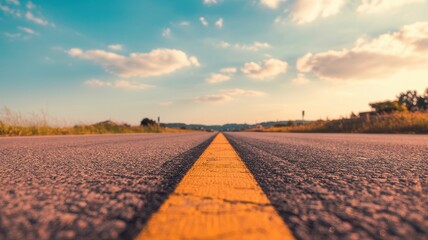 Serene Sunset Highway: Open Road, Yellow Line, Summer Aspiration