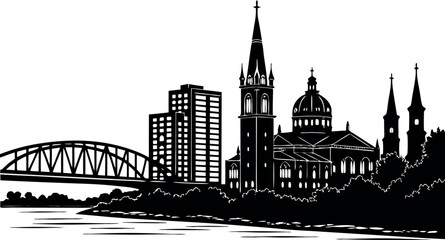 Obraz premium City skyline silhouette with bridge, church, and modern buildings isolated on white background.eps