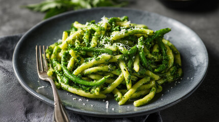 Vibrant green pesto strozzapreti on matte gray ceramic plate