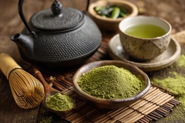A rustic wooden surface displays a matcha tea ceremony setup a cast-iron teapot, a bowl of vibrant green matcha powder, a bamboo whisk, a cup of brewed green tea, and small bowls of tea leaves