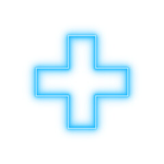 Obraz premium Glowing blue neon plus sign icon symbol with bright light on transparent background for medical emergency hospital clinic first aid healthcare logo design