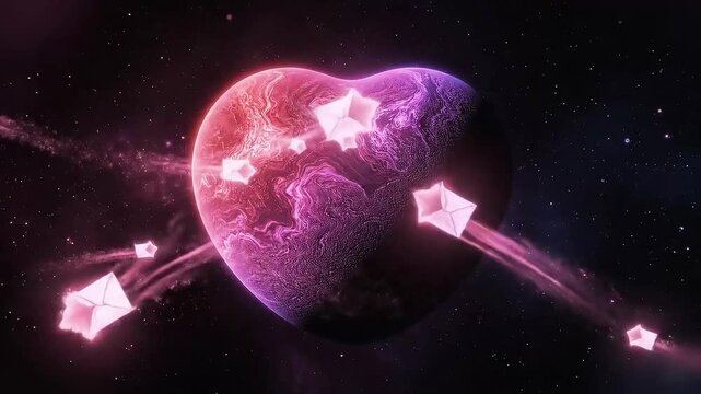 4D holographic planet shaped like a heart with stars carrying mini love letters
