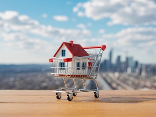 Miniature House in Shopping Cart; Cityscape Background; Sunny Day