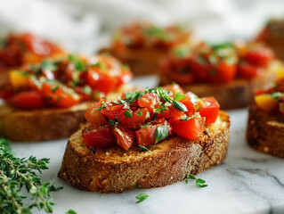Tomato bruschetta on sourdough bread, white backdrop, fresh herbs