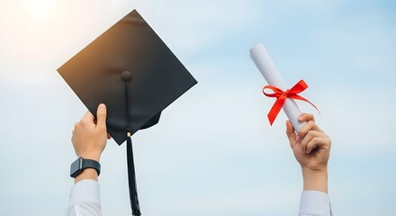 Graduation celebration achievement concept with cap and diploma against blue sky background