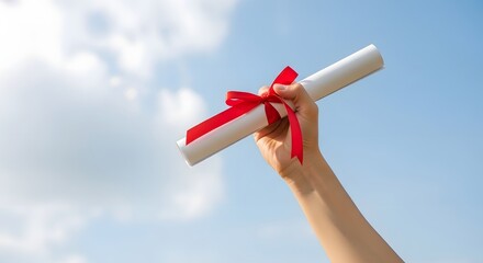 Graduation diploma certificate degree in hand with red ribbon against blue sky background