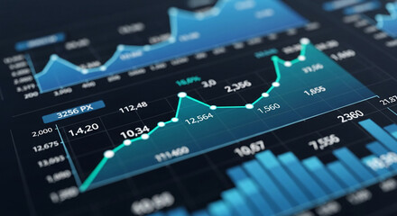 Close-up of financial charts displaying growth trends, showcasing data visualization for business analytics and investment strategy