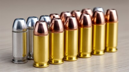 A collection of 9 mm ball rounds lined up in a neat row, ready for use in a firearm 