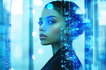 Digital data processing enhances biracial businesswoman's focus and professionalism in contemporary setting, digital data processing over biracial businesswoman in office