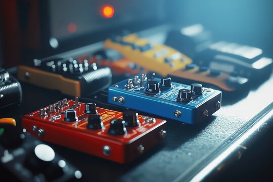 Guitar pedals arranged on stage with vibrant colors during a live music performance, Guitar pedals on stage during performance