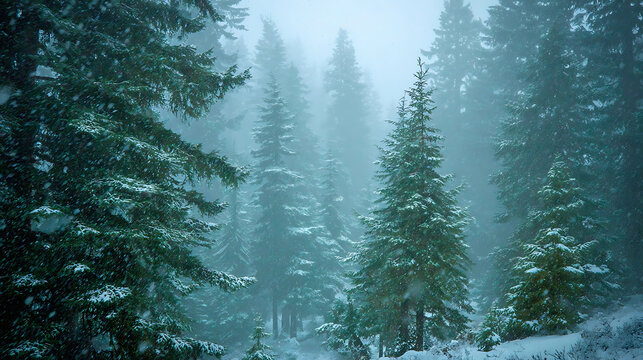 Evergreen forest covered in snow during a gentle snowfall winter trees - Powered by Adobe