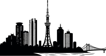 Obraz premium Black cityscape silhouette isolated on white background with tower and a bridge.eps