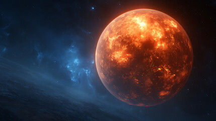 Fototapeta premium Fiery celestial body glowing with intense orange light against deep blue cosmic expanse planet space