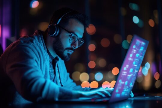 Data processing in a modern workspace with a focused individual using a laptop, data processing over diverse doctor and man on laptop consulation