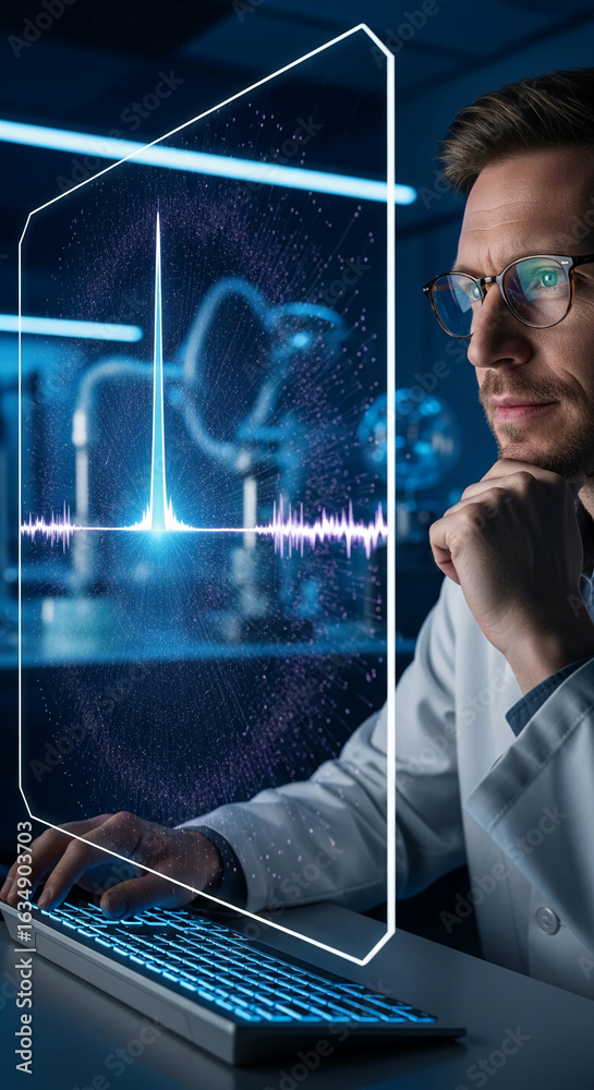 Wall mural scientist analyzing data on a transparent digital screen, showcasing technological advancement in re