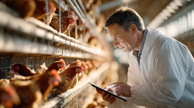 Farmer Managing Poultry Farm With Tablet in Modern Chicken Coop