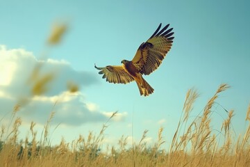 Fototapeta premium Harrier Circus cyaneus gliding gracefully over tall grass in a serene landscape, Harrier Circus cyaneus bird in the wild A bird flies in the field looking for prey Slow motion