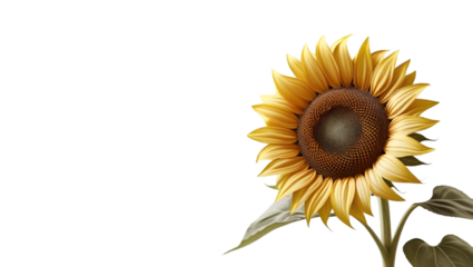 Single sunflower with brown center isolated on white background