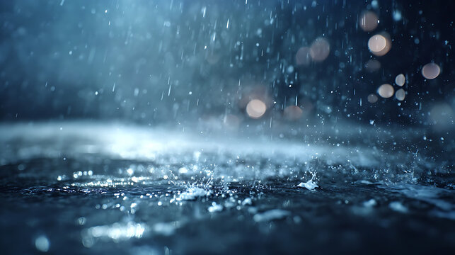 Falling sleet splashes on dark wet ground with blurred lights rain