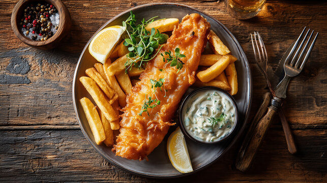 Traditional English fish and chips with lemon and tartar sauce, rustic pub table - Powered by Adobe