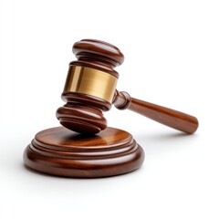 Classic wooden gavel and round sound block isolated on white background for legal and justice concepts 