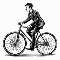Naklejka premium Vintage gentleman riding a bicycle in a suit and bowler hat