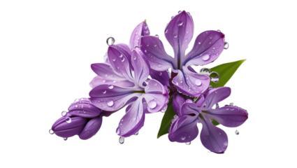 Single lilac with dew isolated on white background