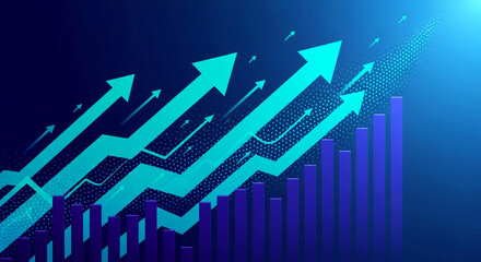 Abstract graphic of upward trending teal arrows and purple bars on a dark blue background, symbolizing growth, success, and progress in business or finance