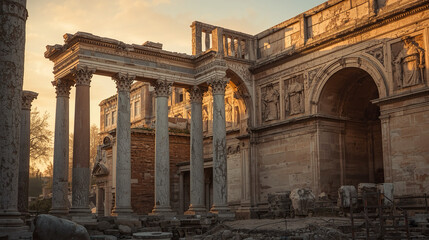 Obraz premium Ancient Roman Architecture with Columns and Statues in Historical Landscape