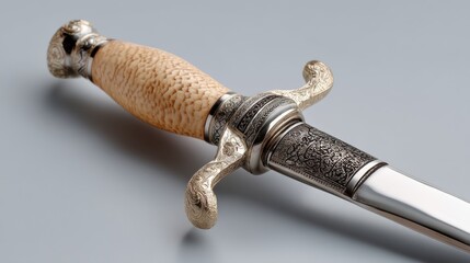 Close-up of a traditional Arab dagger with ornate handle, set against neutral studio backdrop for cultural reference 