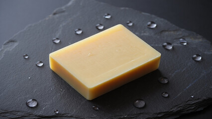 A bar of natural handmade soap with water droplets on a dark slate surface