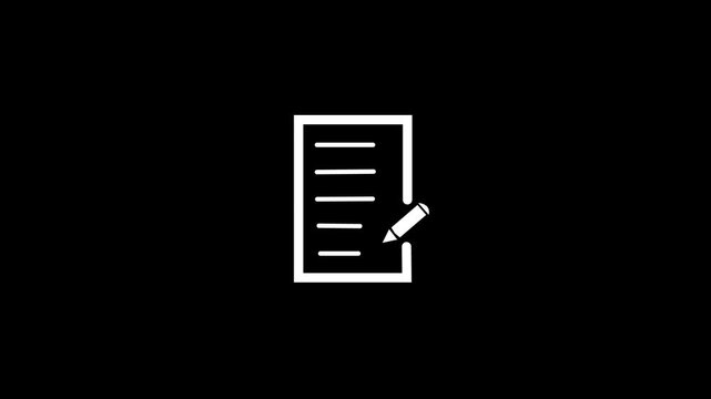 White color document icon with pen sign animation. Documents checklist with a pen icon isolated. five line , Documents list icon, Document Page Outline. Digital Document Symbol on black background.