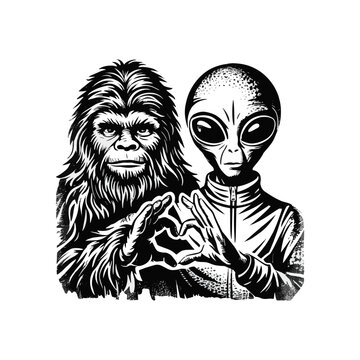 Bigfoot and an alien making a heart shape with their hands. Black and white vector illustration of mythical creatures showing love and friendship.