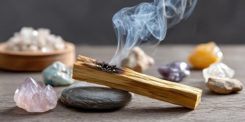 Close-up of burning palo santo stick with smoke rising, surrounded by esoteric crystals and incense for meditation practice