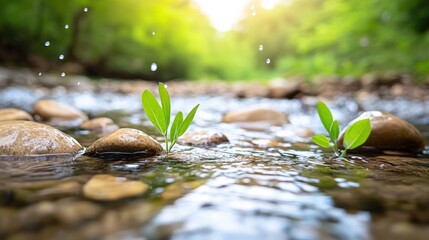 New life seedlings grow from river stones in forest environment