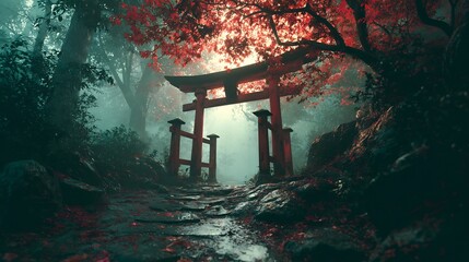 Ethereal landscape featuring a torii gate shrouded in fog, adorned with autumn leaves