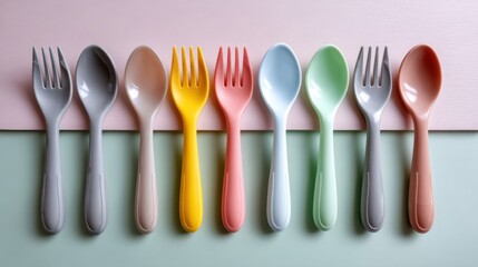 Colorful silicone baby forks and spoons set arranged neatly on pastel background, safe tableware for toddlers