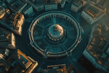 St Peter Square aerial drone shot reveals architecture and surrounding cityscape in Rome, rome aerial shot drone fly orbit on st peter square basilica at sunrise