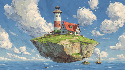 Floating island lighthouse dwelling with sailboat below ocean clouds