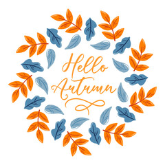 Hello Autumn. This whimsical autumn-themed vector illustration features a vibrant wreath of orange and blue leaves, creating a playful and inviting design perfect for seasonal decor