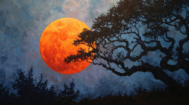 Fiery orange moon illuminates textured sky behind silhouetted ancient oak tree branches image - Powered by Adobe
