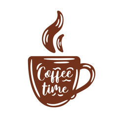 vector illustration showcases a coffee mug silhouette with steam rising gracefully above it. Accompanied by stylish lettering, the design captures the cozy essence of coffee time